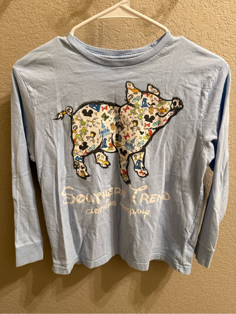 Southern Trend Light Blue Kids Long-Sleeve Shirt with Disney Print Pig Graphic